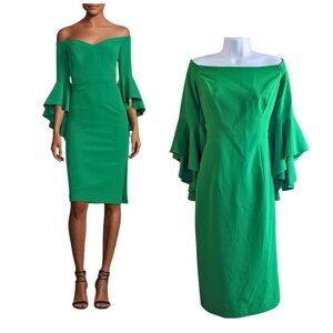 Viral MILLY Selena in Rare Kelly Green Off Shoulder Bell Sleeve Slit Dress
